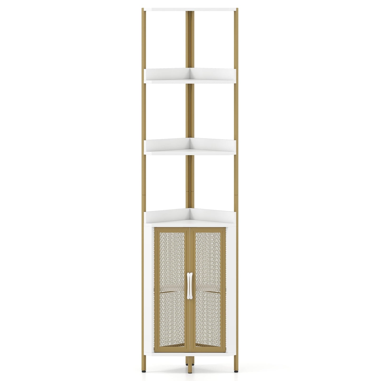 Corner Bookshelf with Cabinet & Metal Frame, 170 cm, White