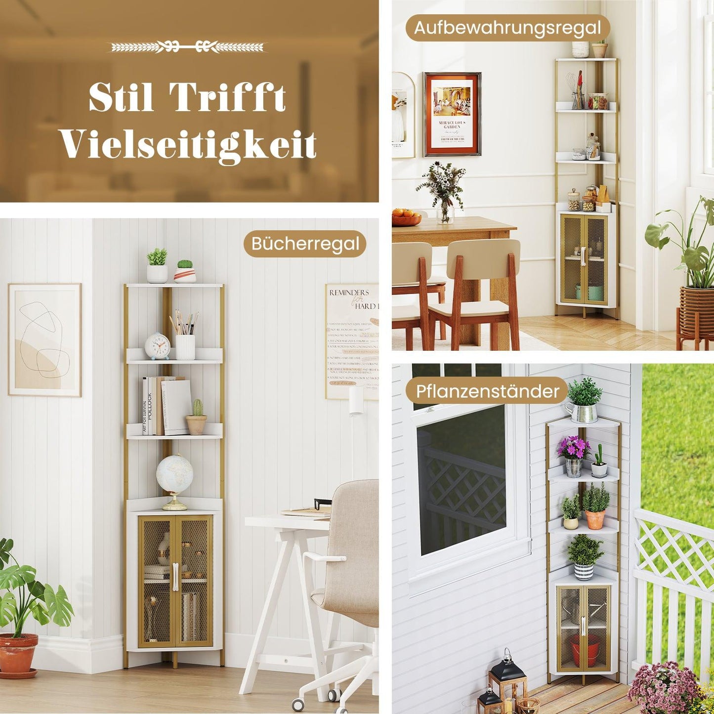 Corner Bookshelf with Cabinet & Metal Frame, 170 cm, White