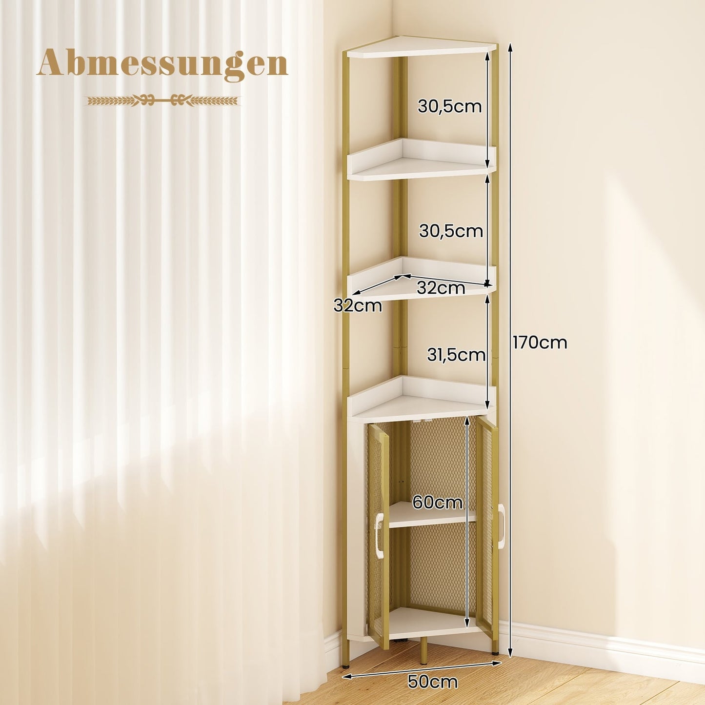 Corner Bookshelf with Cabinet & Metal Frame, 170 cm, White