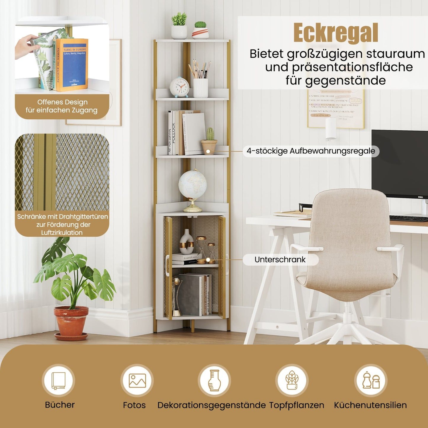 Corner Bookshelf with Cabinet & Metal Frame, 170 cm, White
