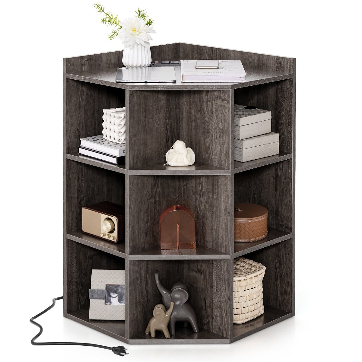 Corner Bookshelf with Charging Station, 9 Shelves, Grey