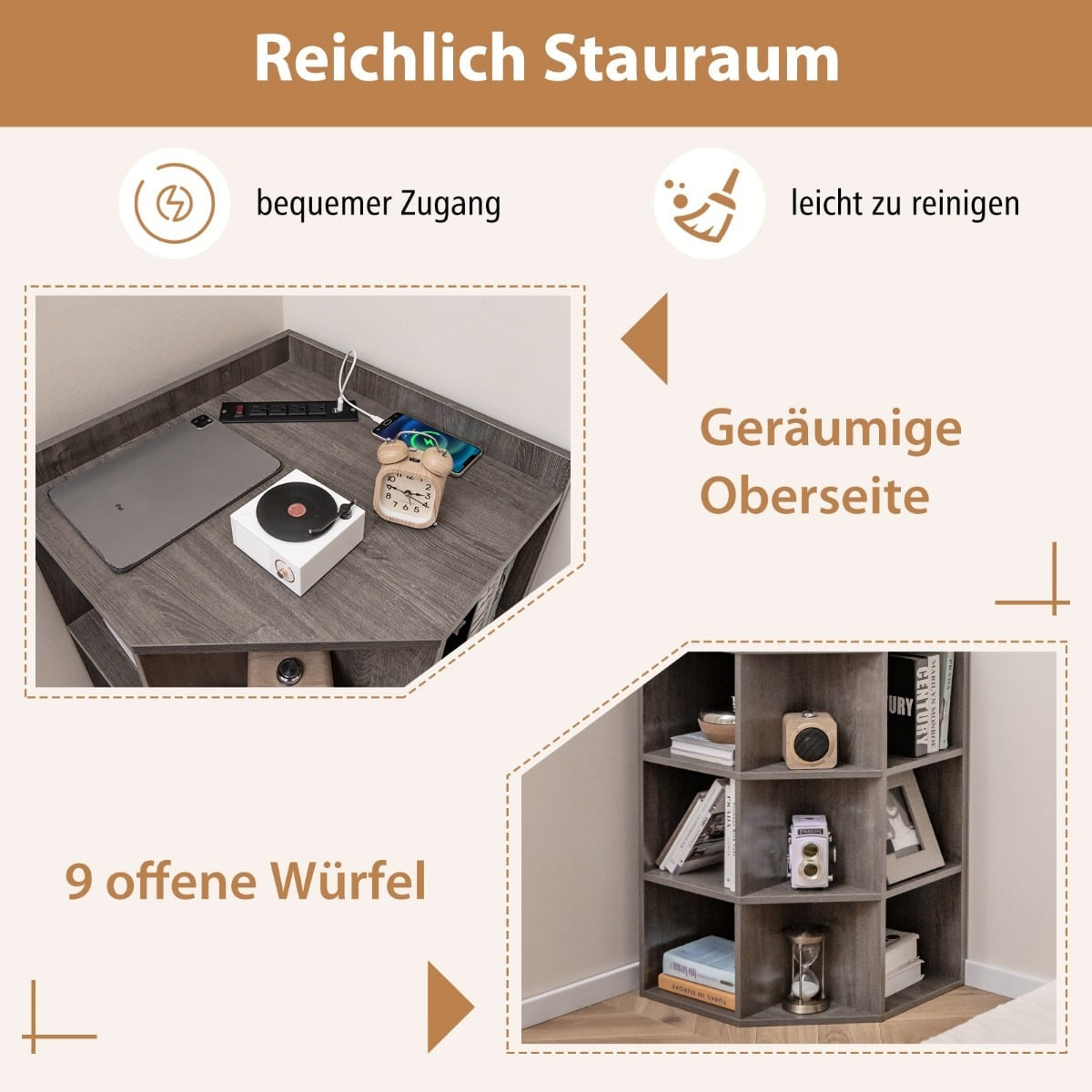Corner Bookshelf with Charging Station, 9 Shelves, Grey