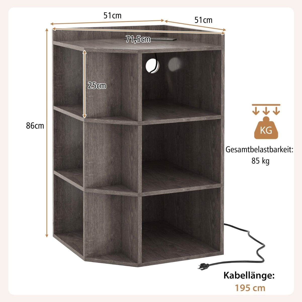 Corner Bookshelf with Charging Station, 9 Shelves, Grey