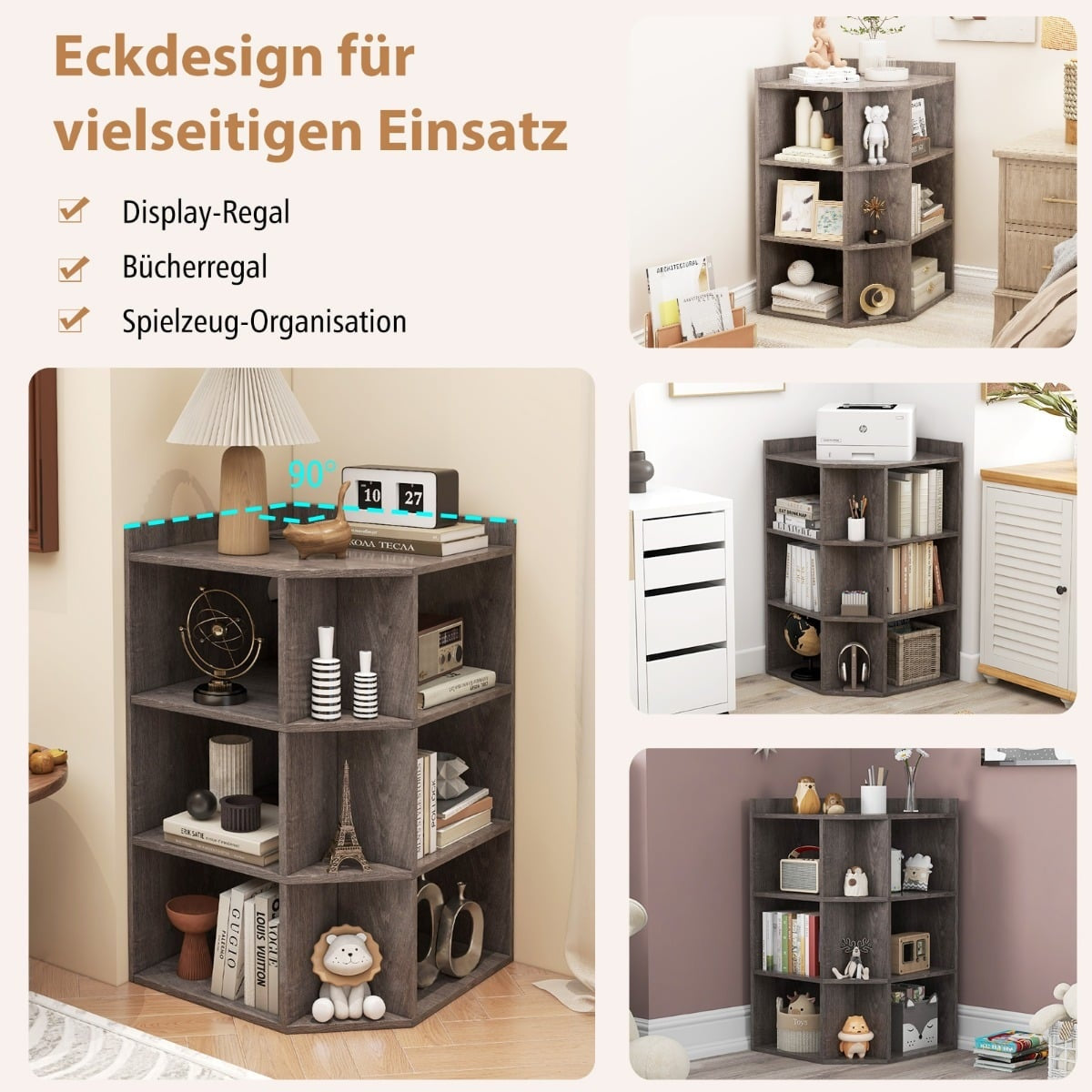 Corner Bookshelf with Charging Station, 9 Shelves, Grey