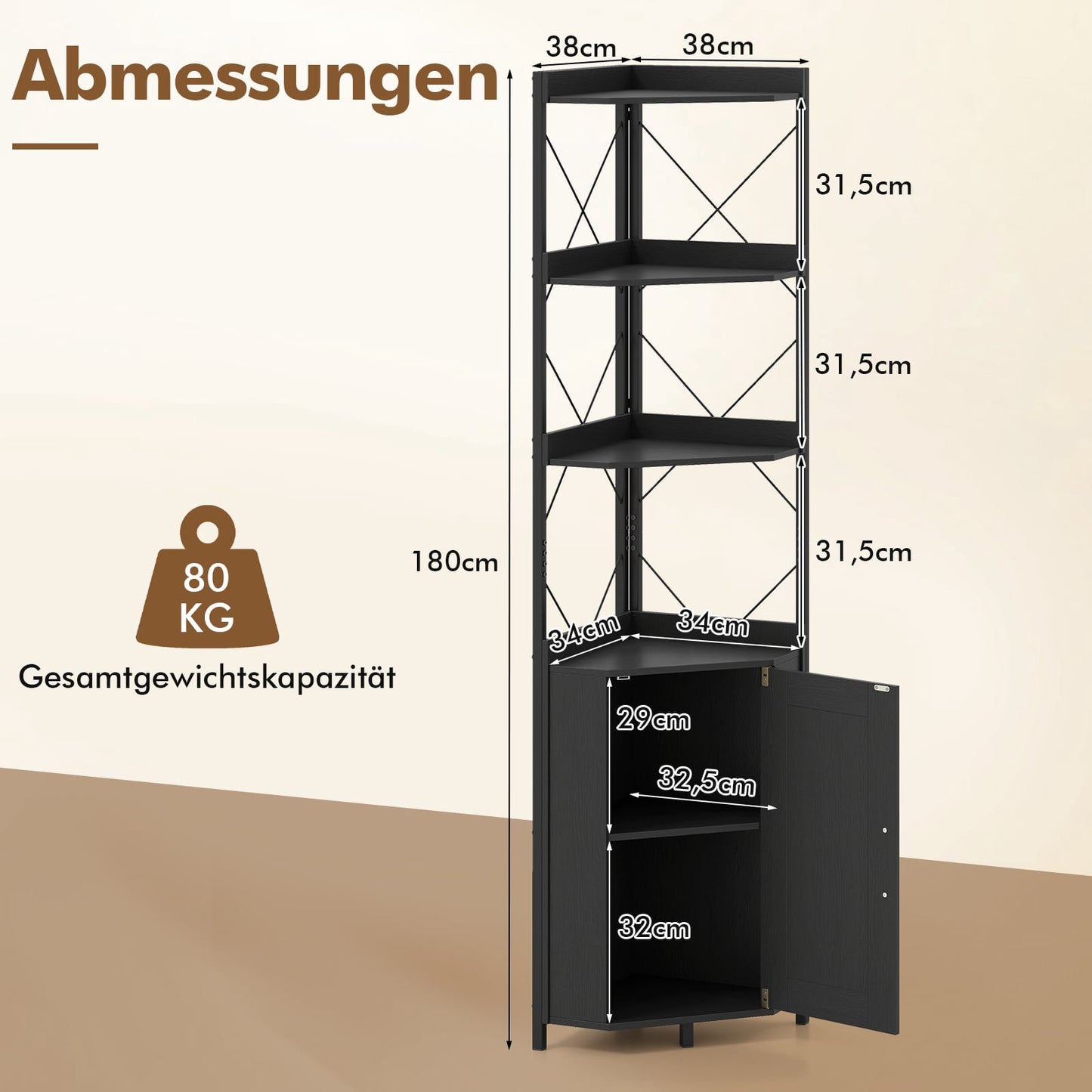 Corner Bookshelf with Storage, 5-Tier, Black, 180 cm