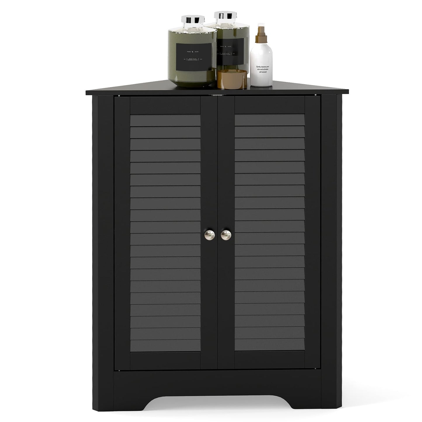 Corner Cabinet with Louvered Doors, Adjustable Shelf, Black