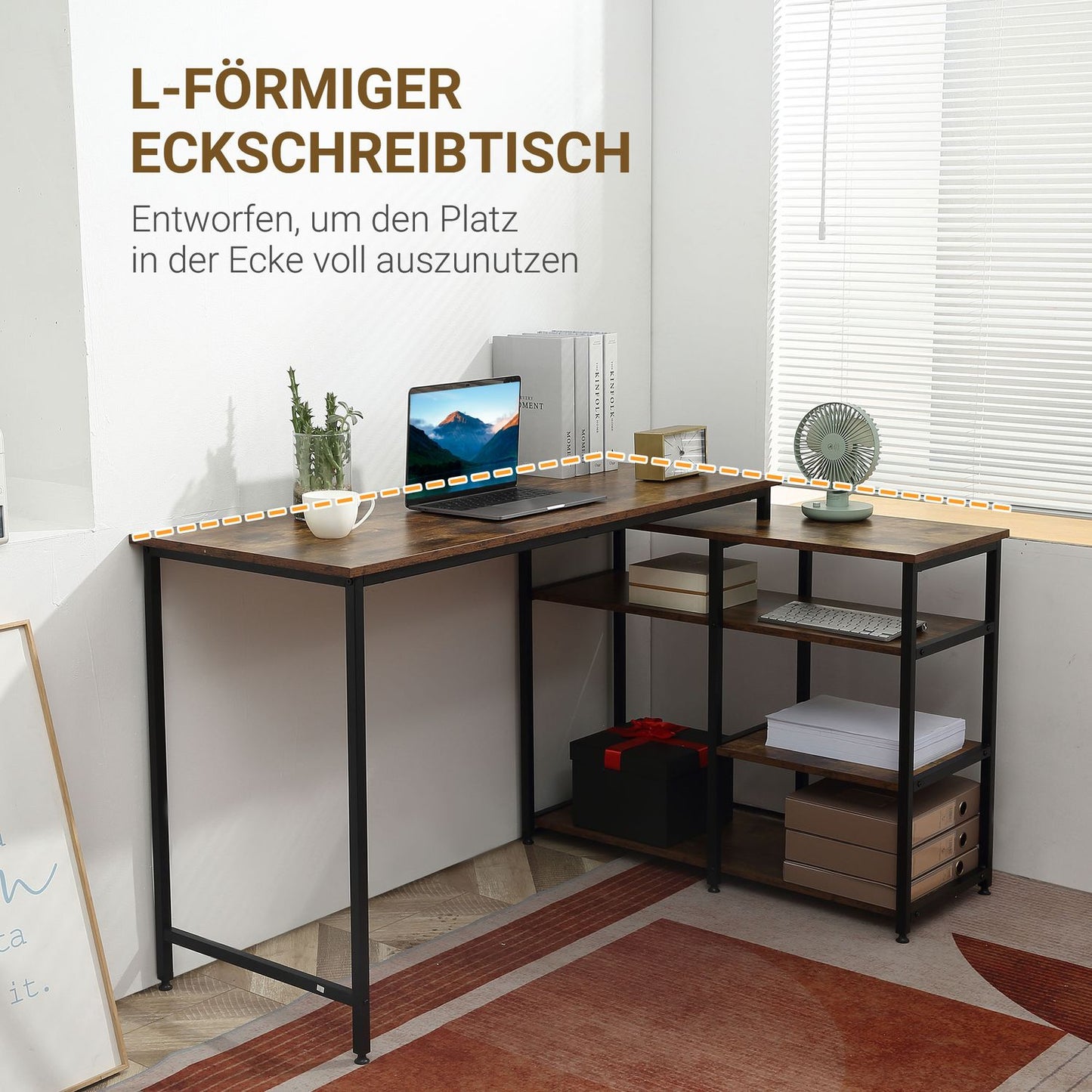 L-shaped corner desk, rustic brown, with shelf and drawer