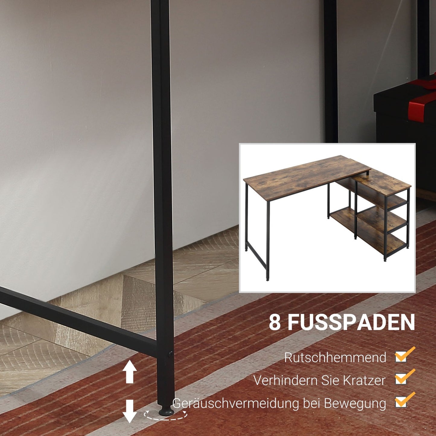 L-shaped corner desk, rustic brown, with shelf and drawer