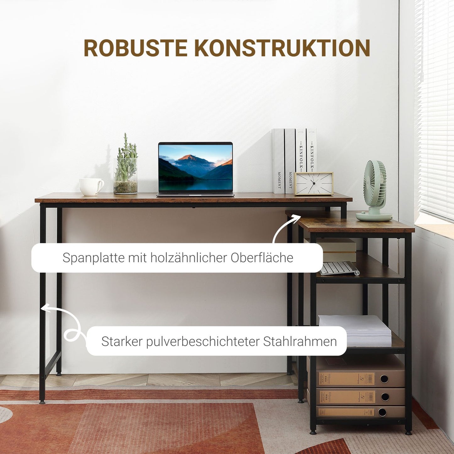 L-shaped corner desk, rustic brown, with shelf and drawer