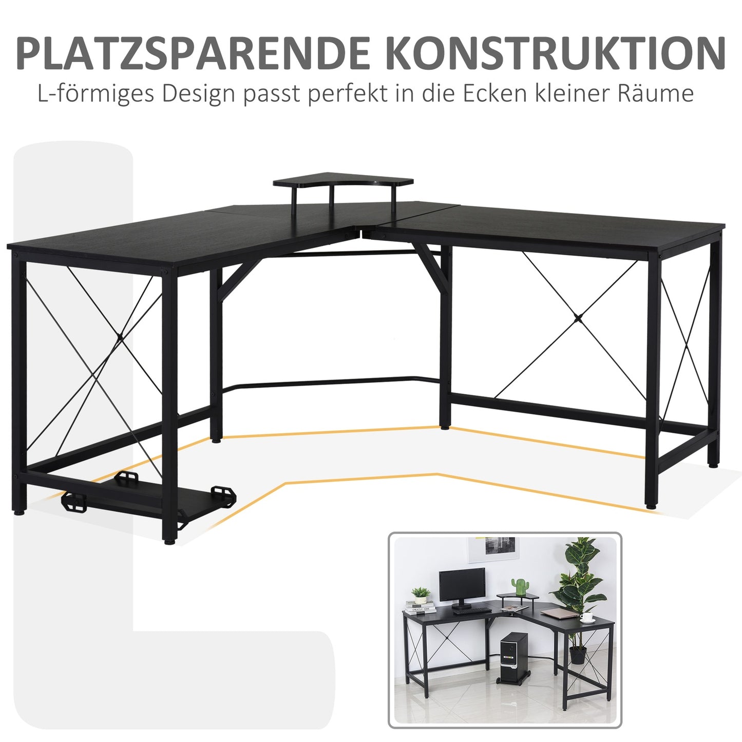 L-shaped corner desk with monitor stand, black steel, 150cm