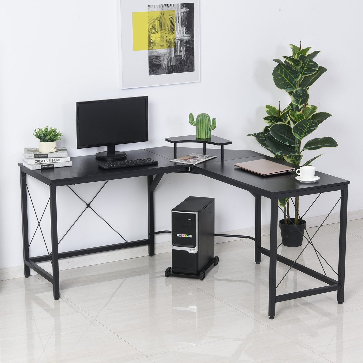 L-shaped corner desk with monitor stand, black steel, 150cm