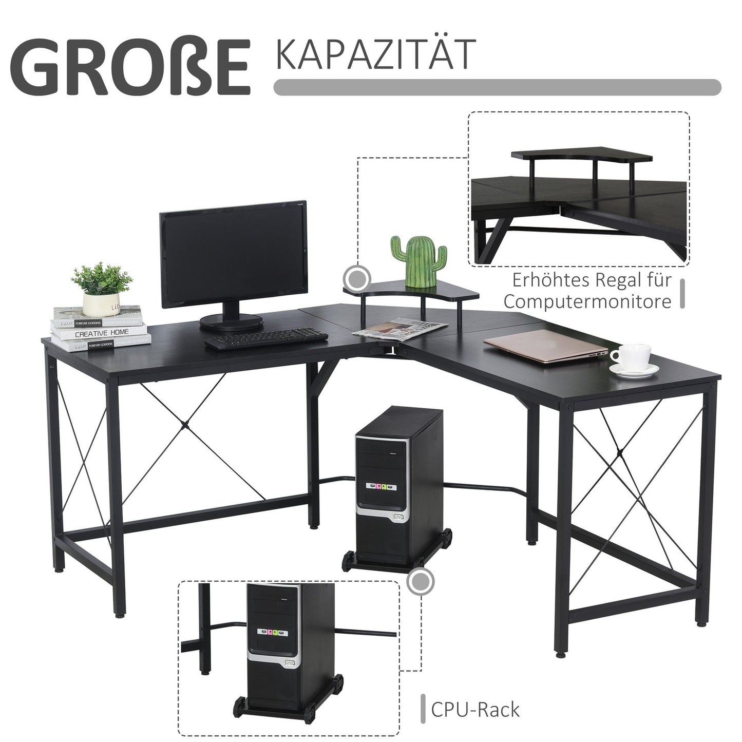 L-shaped corner desk with monitor stand, black steel, 150cm