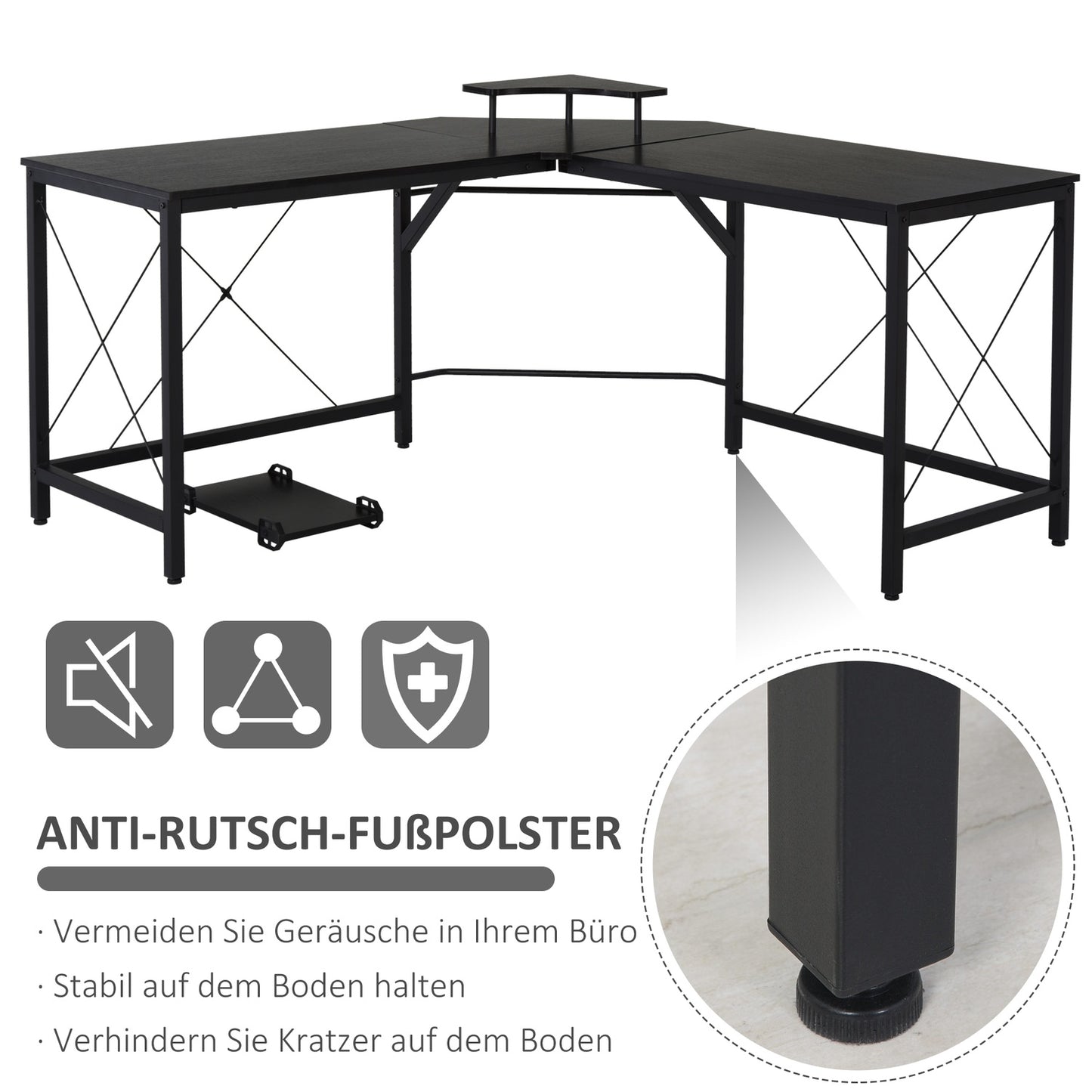 L-shaped corner desk with monitor stand, black steel, 150cm