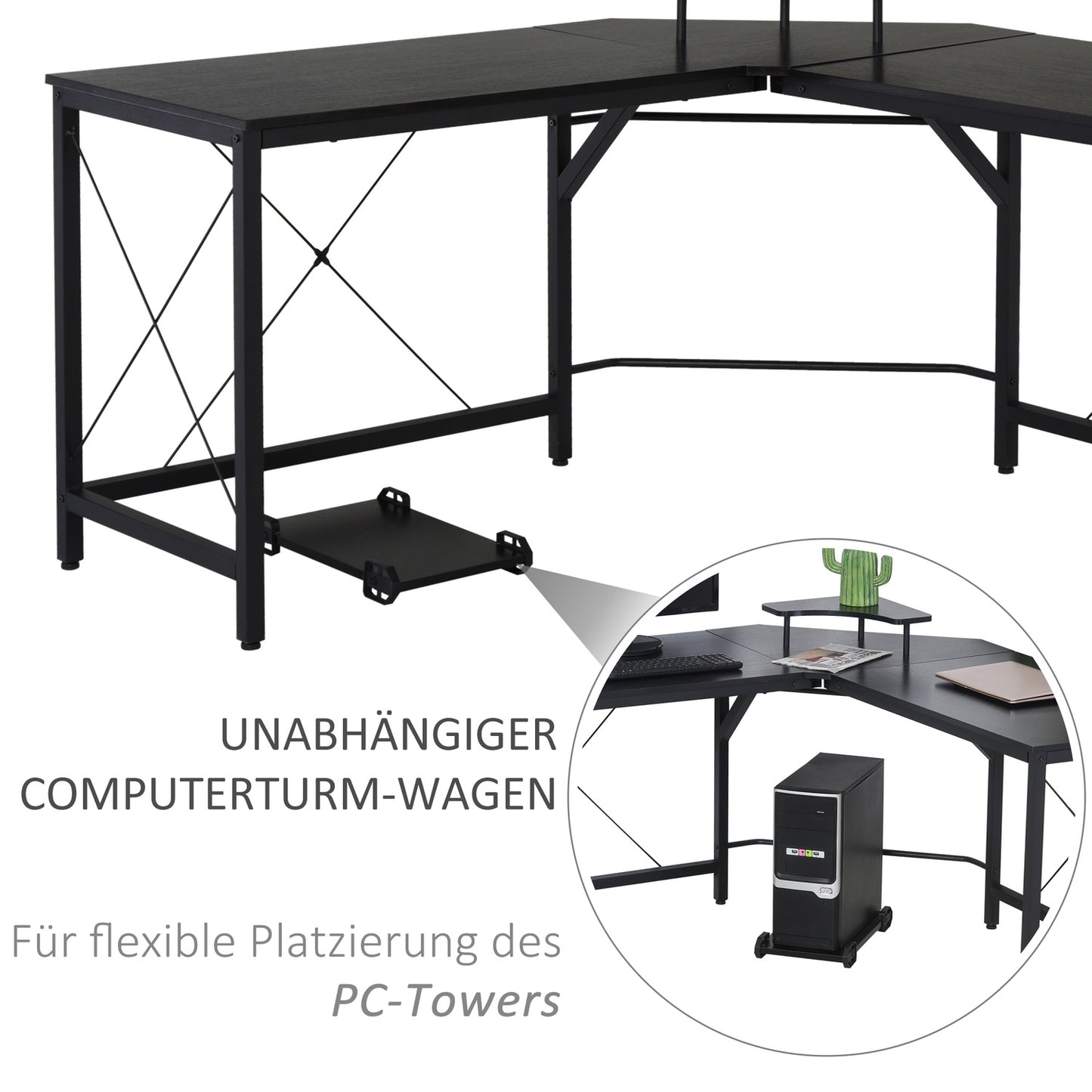 L-shaped corner desk with monitor stand, black steel, 150cm