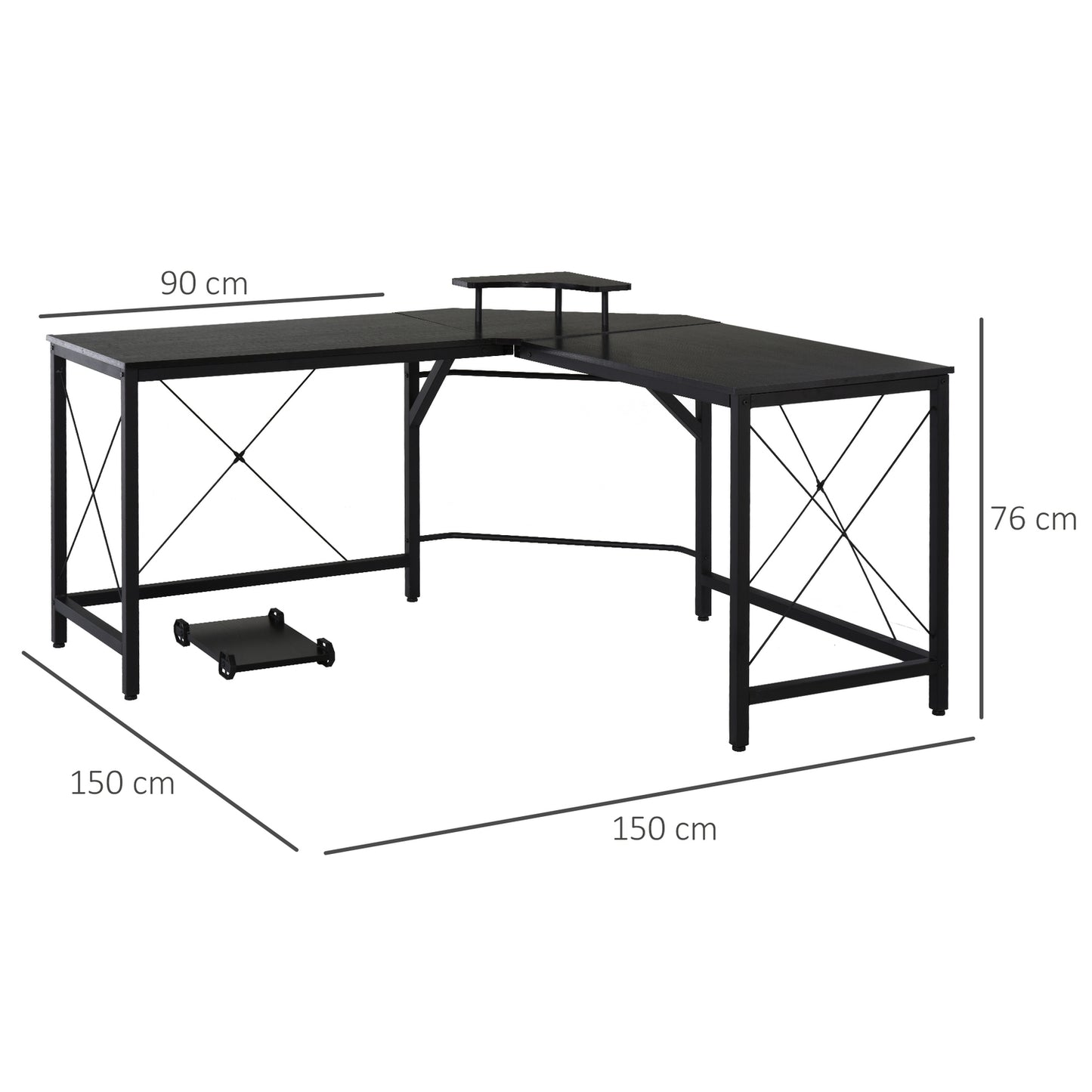 L-shaped corner desk with monitor stand, black steel, 150cm