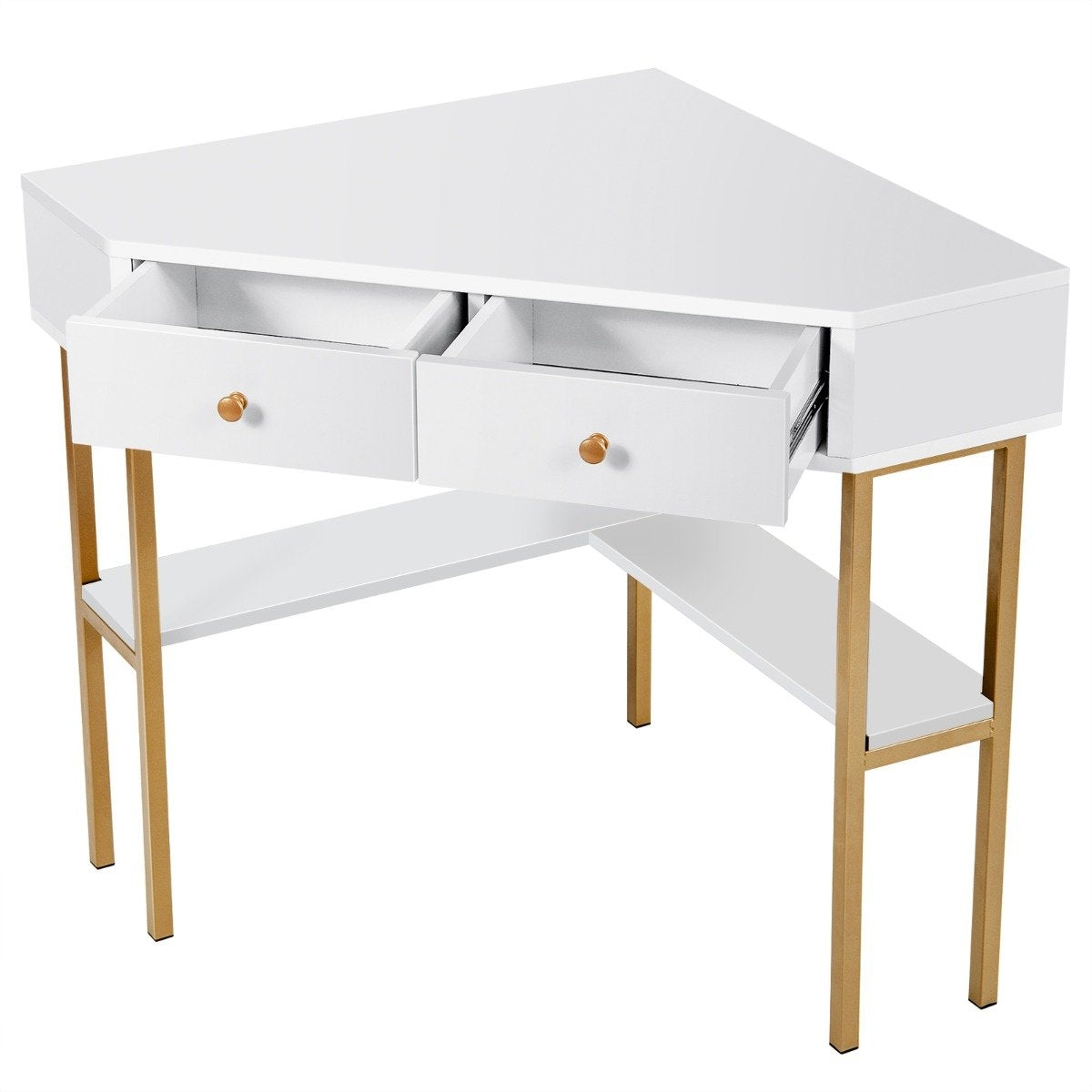Corner Desk with 2 Drawers and Shelves for Small Spaces