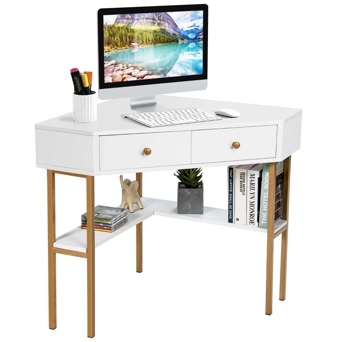 Corner Desk with 2 Drawers and Shelves for Small Spaces