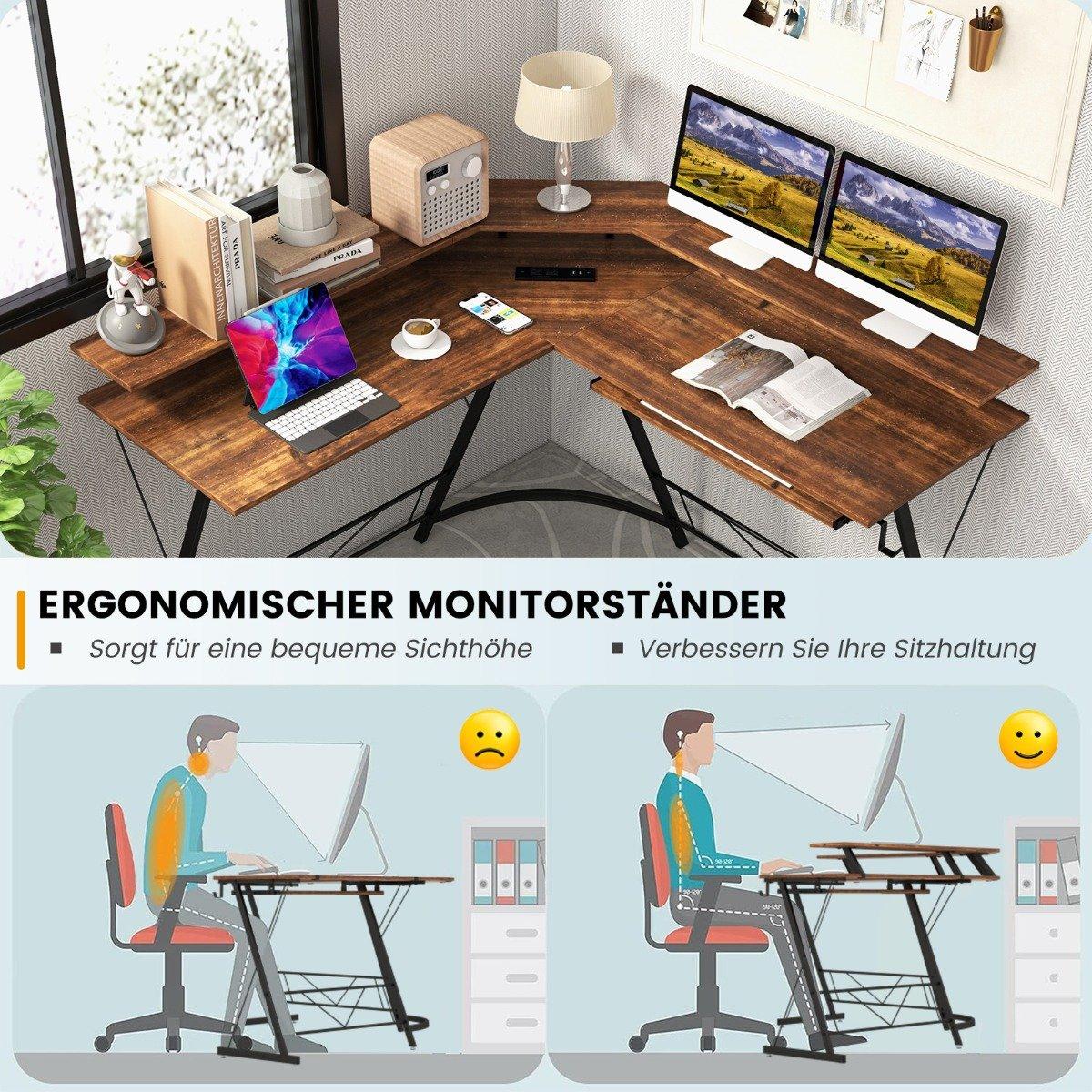 Corner Desk with Socket & USB Charging Port & Monitor Stand Rustic Brown