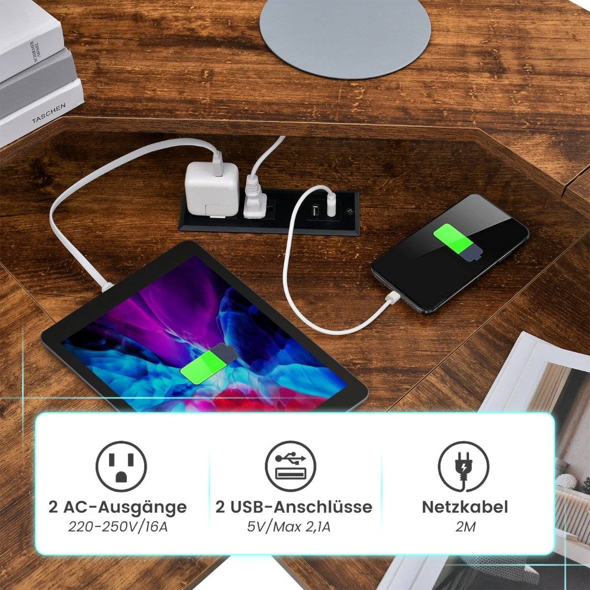 Corner Desk with Socket & USB Charging Port & Monitor Stand Rustic Brown