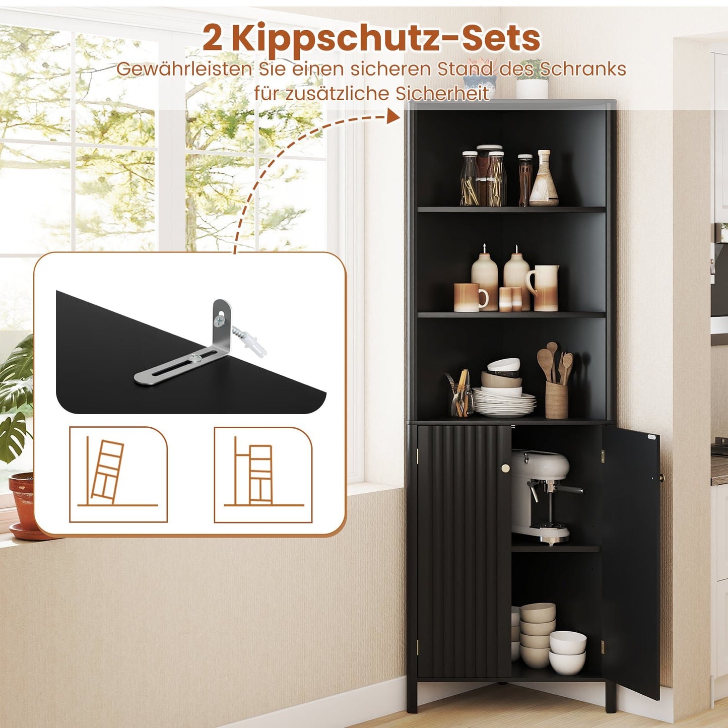 Corner Kitchen Cabinet, 2 Doors & 5 Shelves, Black, 68"