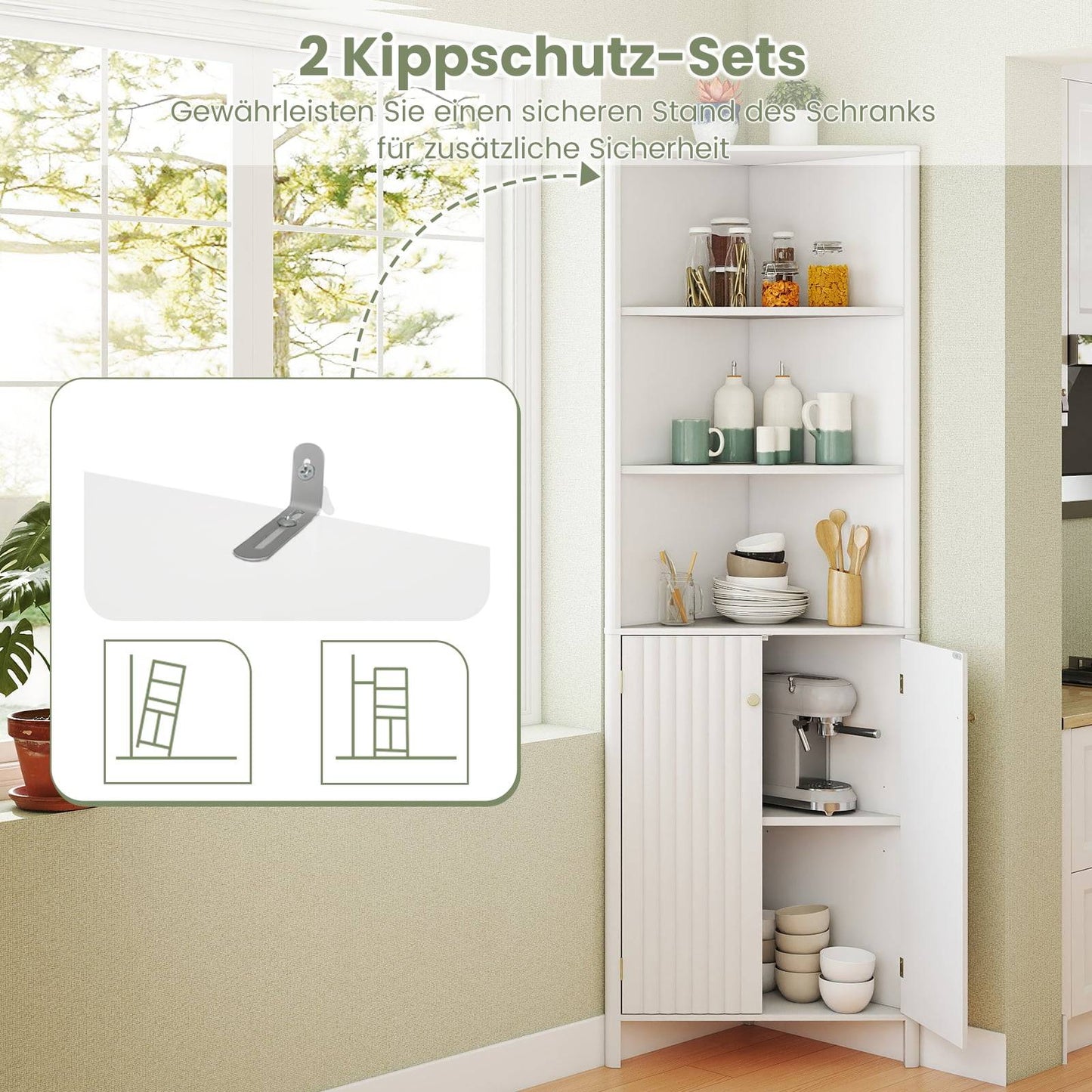 Corner Kitchen Cabinet, 2 Doors & 5 Shelves, White, 68" High