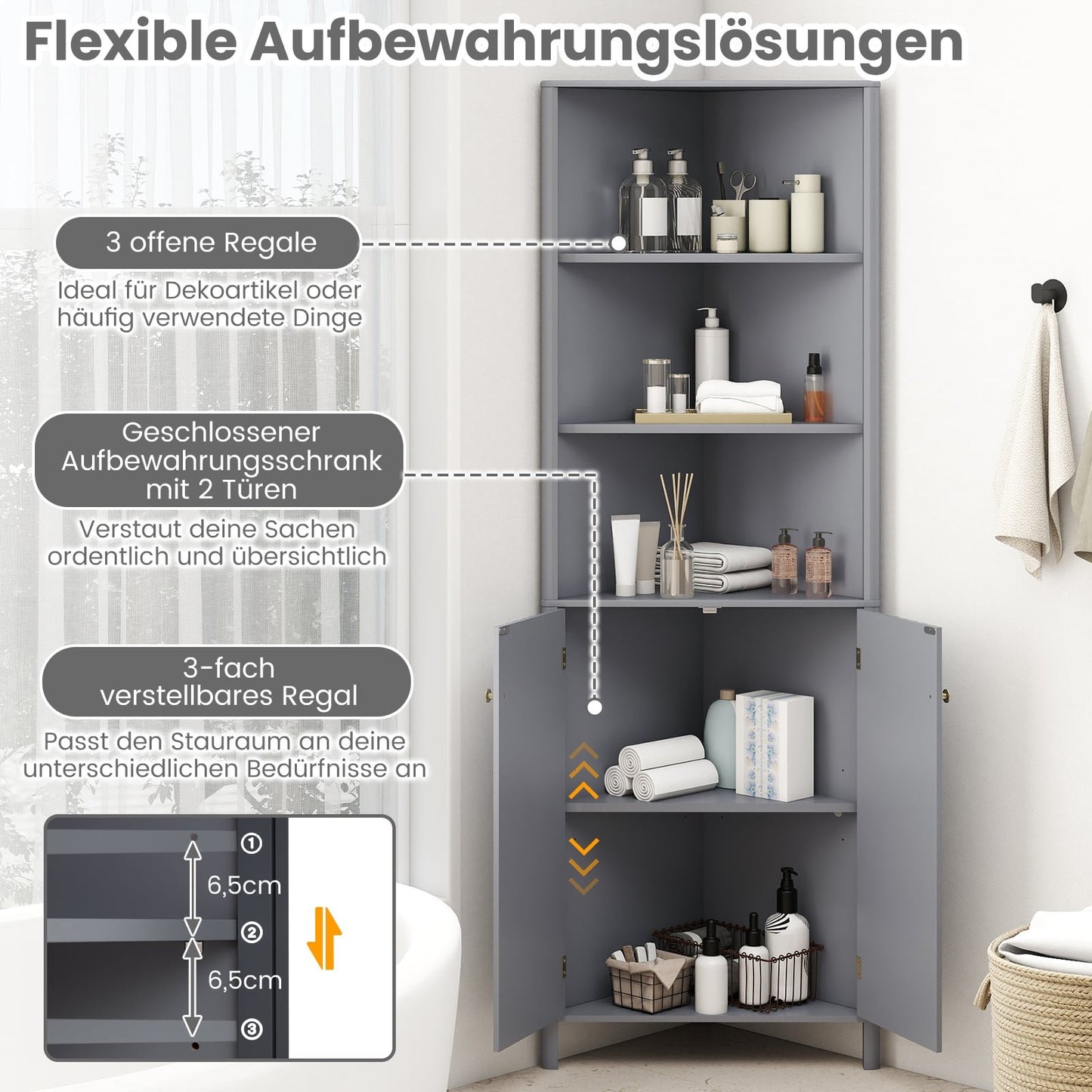 Corner Kitchen Cabinet with 2 Doors & 5 Shelves, Grey