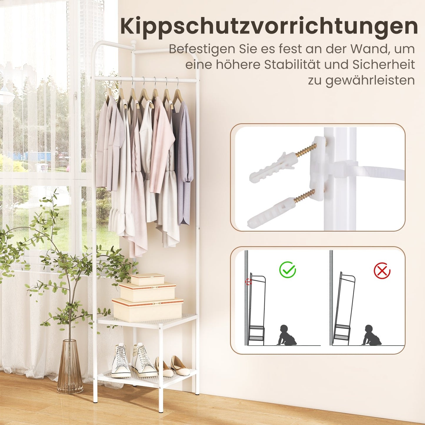 Corner Metal Coat Rack with Hooks and 2 Shelves, White