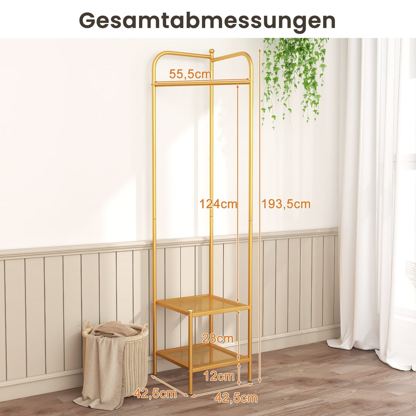 Corner Metal Coat Rack with Hooks and Shelves, Gold