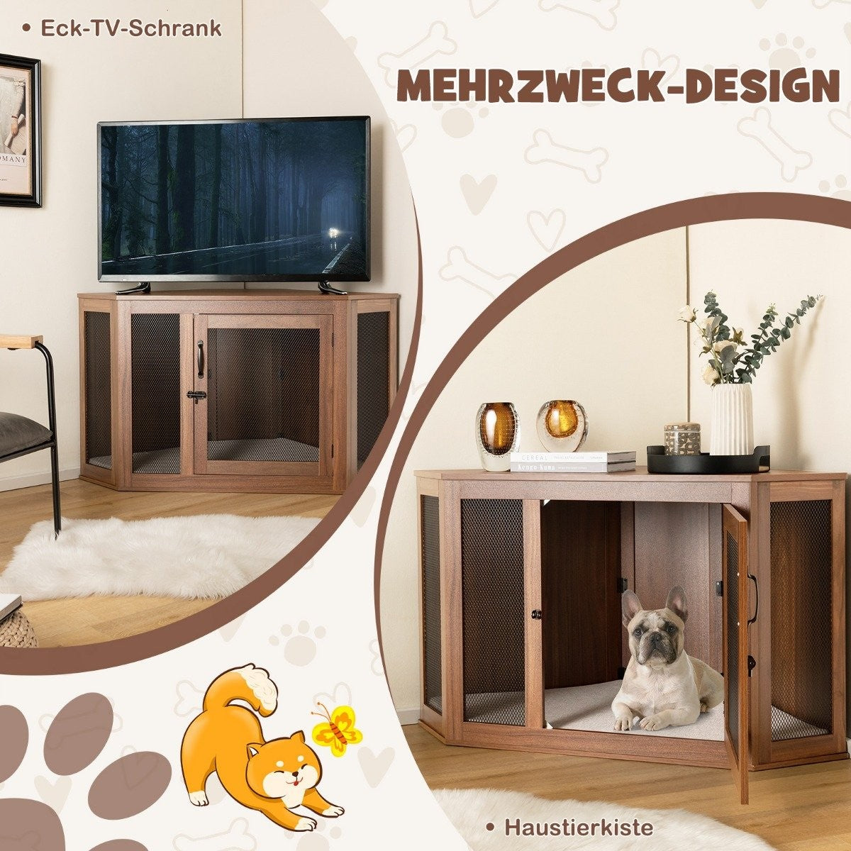 Corner Pet Crate Dog Kennel End Table with Mesh Door & Cushion 114 x 59 x 67cm Brown