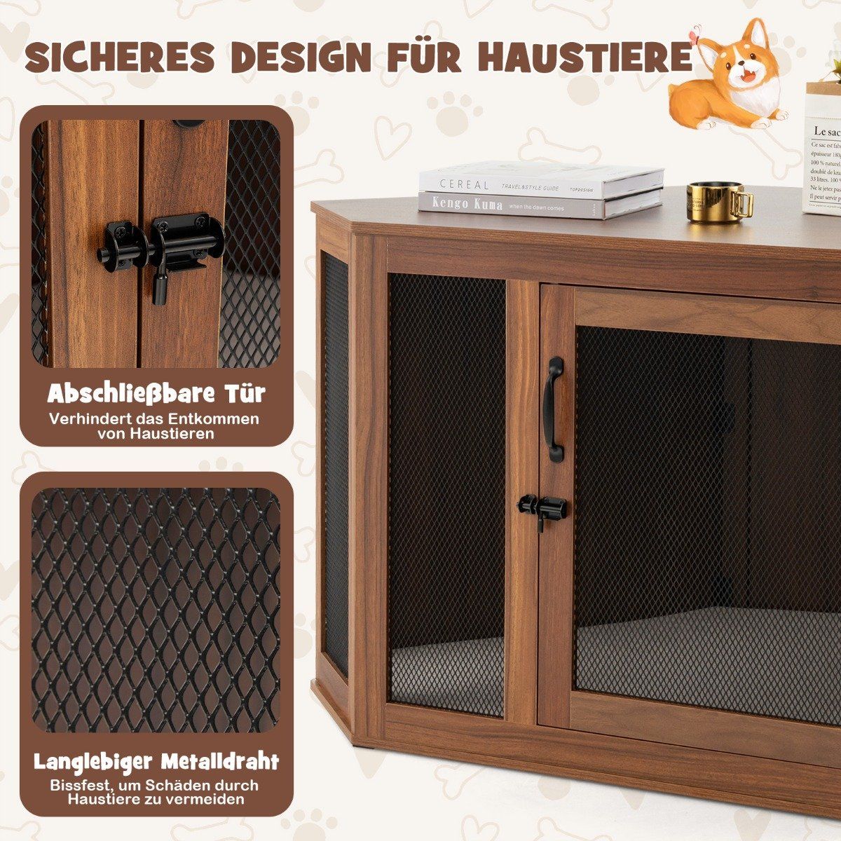 Corner Pet Crate Dog Kennel End Table with Mesh Door & Cushion 114 x 59 x 67cm Brown