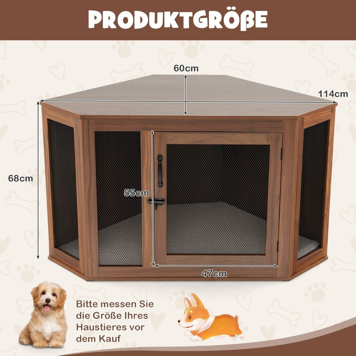 Corner Pet Crate Dog Kennel End Table with Mesh Door & Cushion 114 x 59 x 67cm Brown