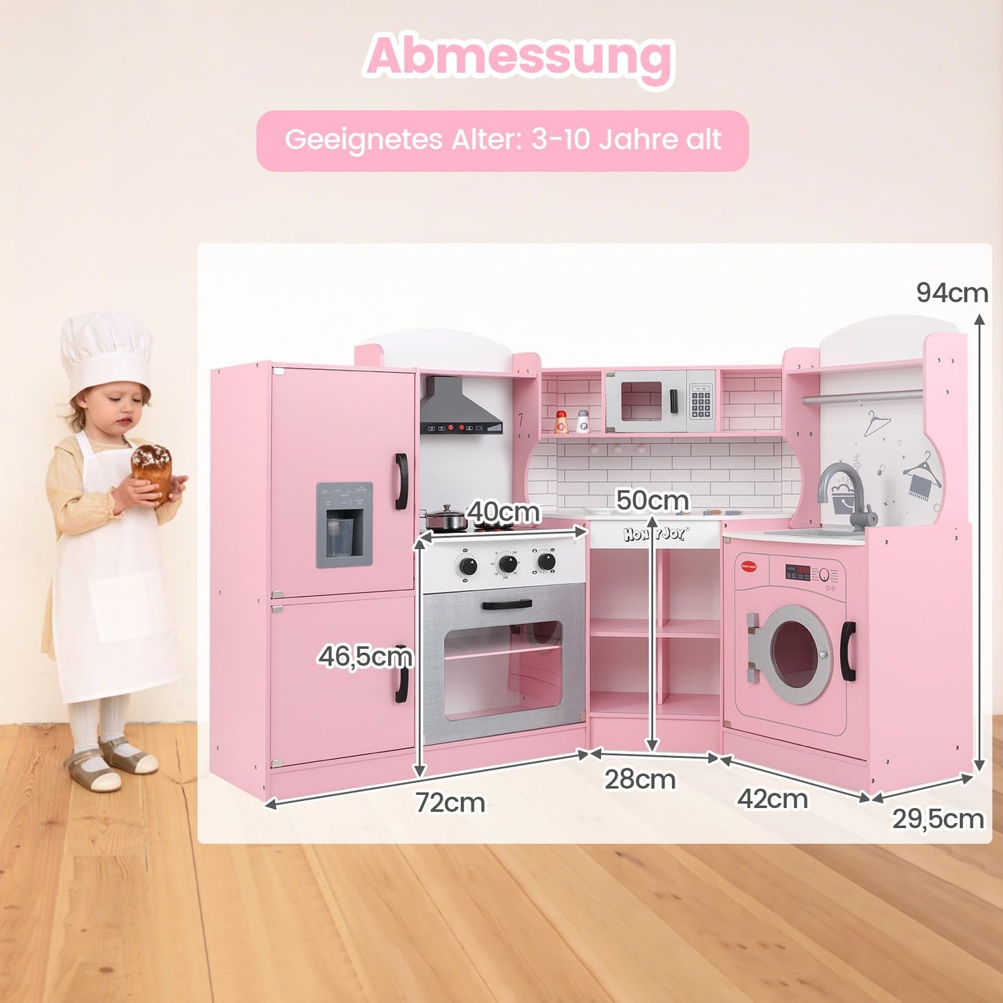 Corner Play Kitchen Set with Ice Maker, Microwave, Oven, Pink