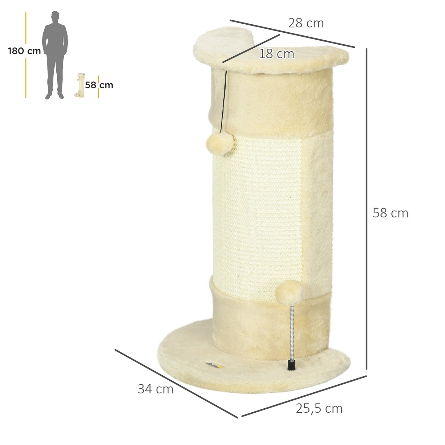 Cat scratching post with ball - 58 cm sisal, cream white