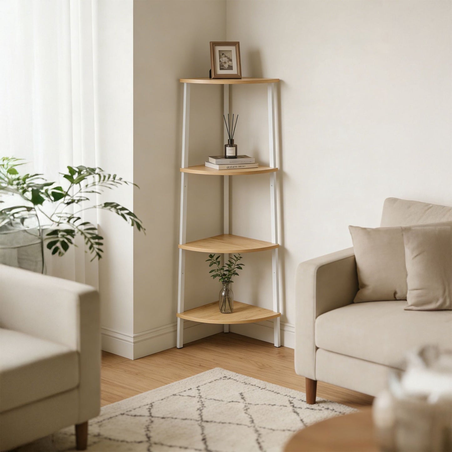 Corner Shelf Unit, 5 Tiers, Metal Frame, Wood Finish