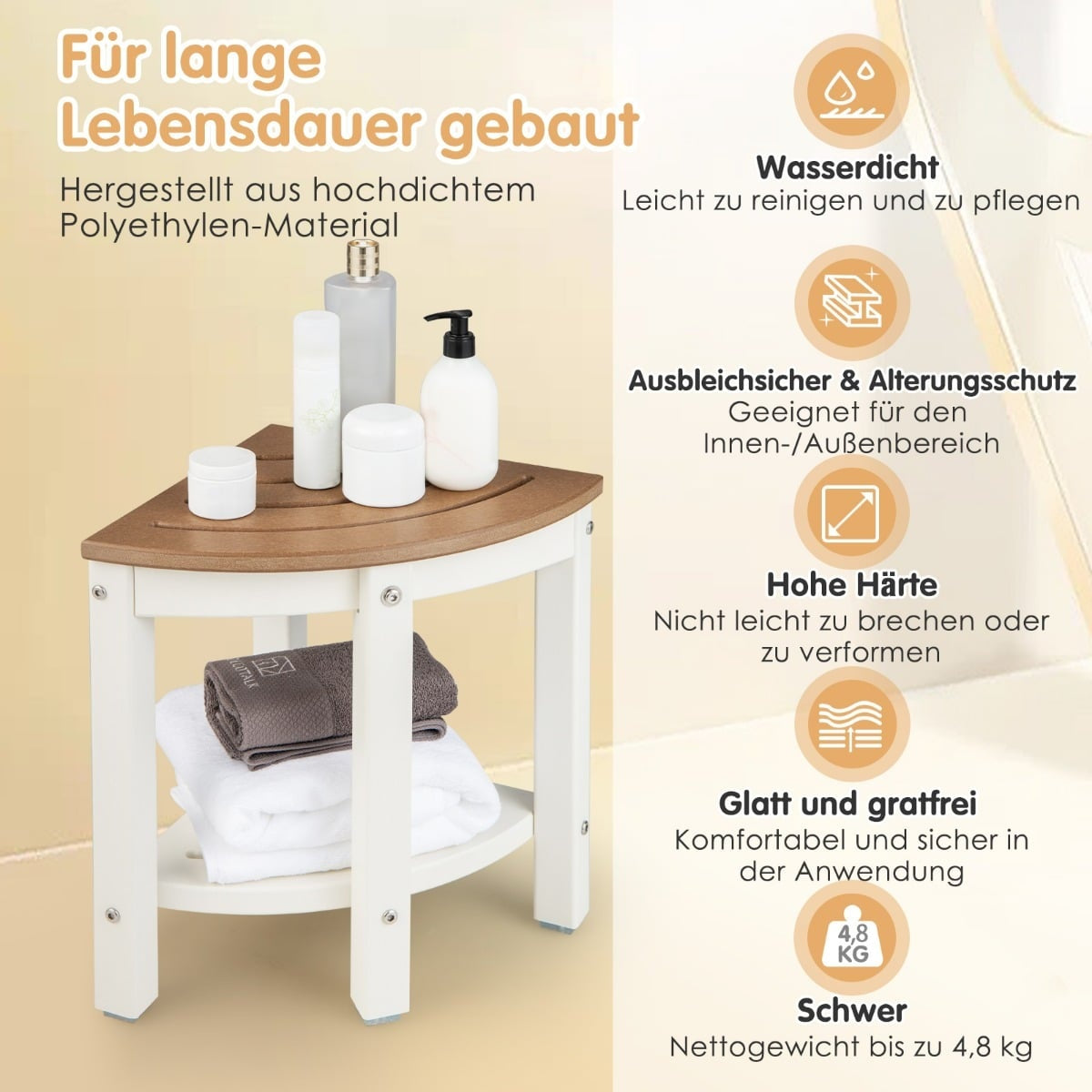 Corner Shower Stool with Shelf, Waterproof HDPE, White