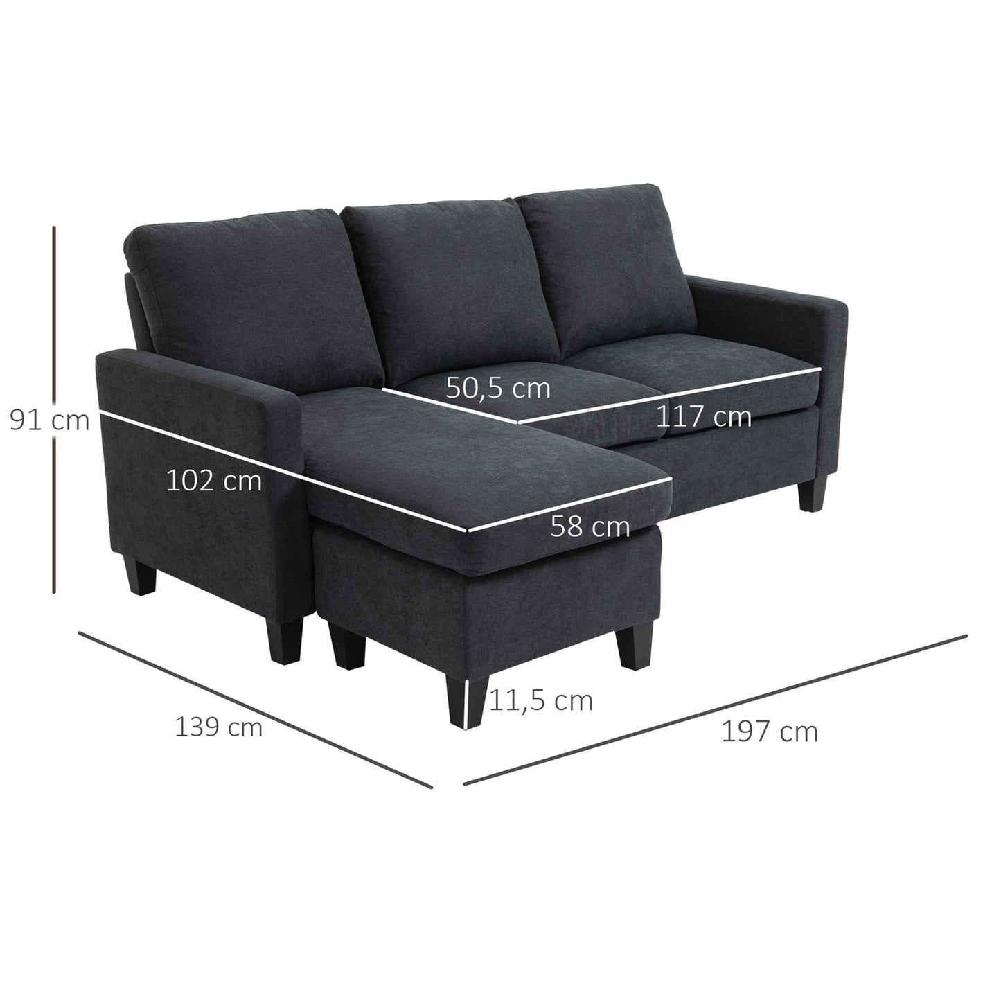 Dark gray reversible L-shaped fabric sofa with chaise longue