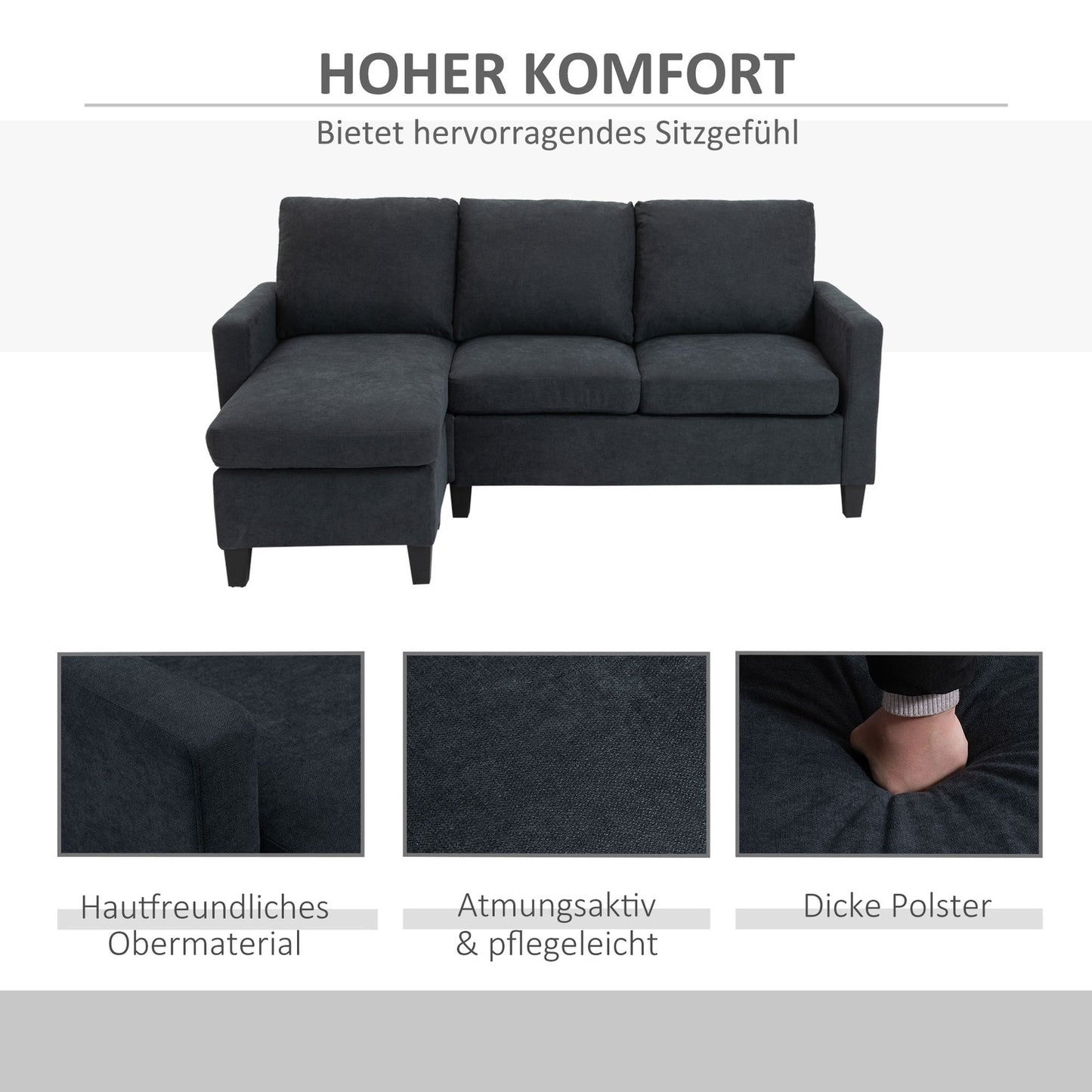 Dark gray reversible L-shaped fabric sofa with chaise longue