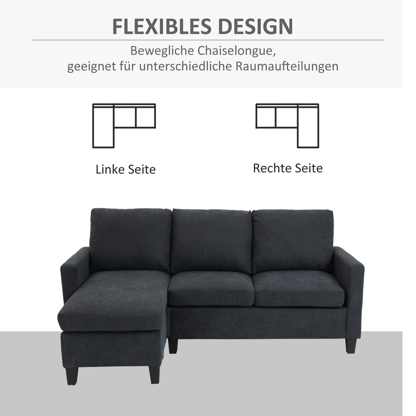 Dark gray reversible L-shaped fabric sofa with chaise longue