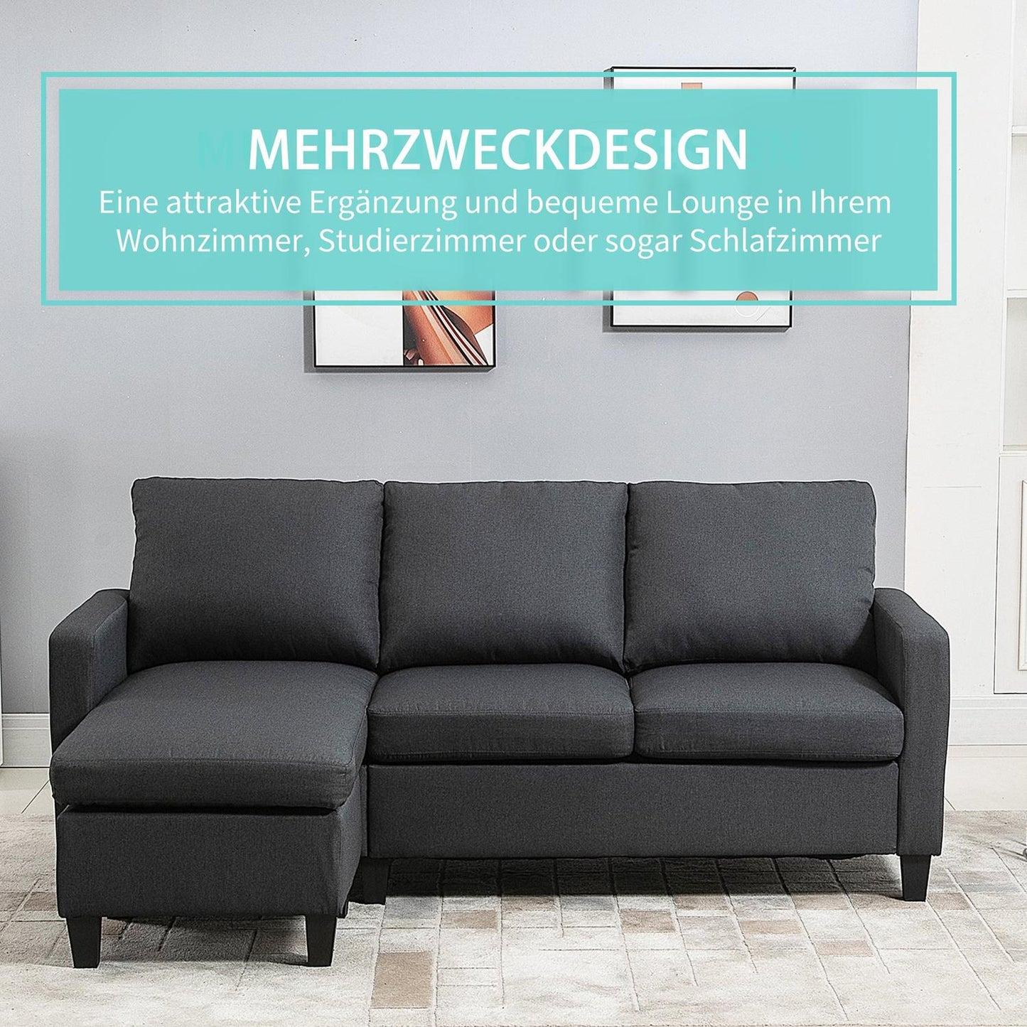 Dark gray L-Shape corner sofa in linen with chaise longue, 197cm