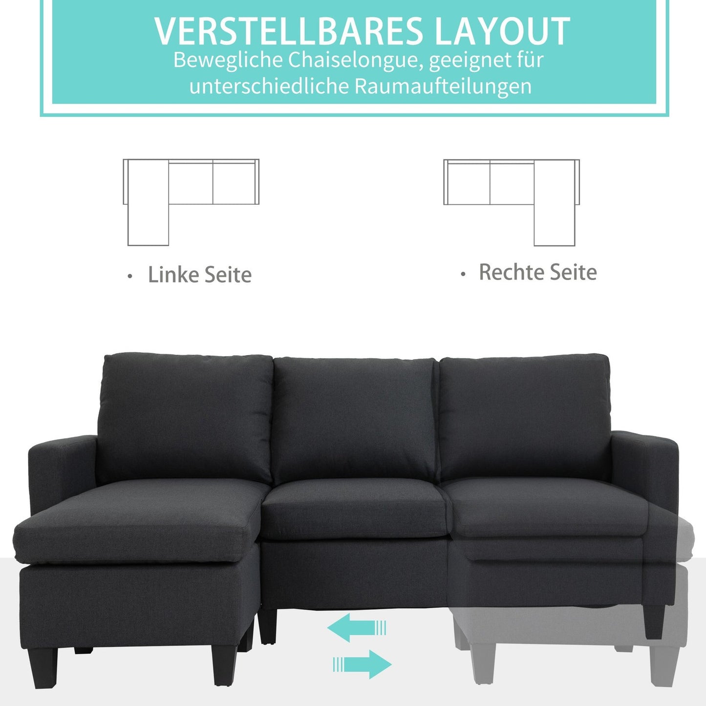 Dark gray L-Shape corner sofa in linen with chaise longue, 197cm