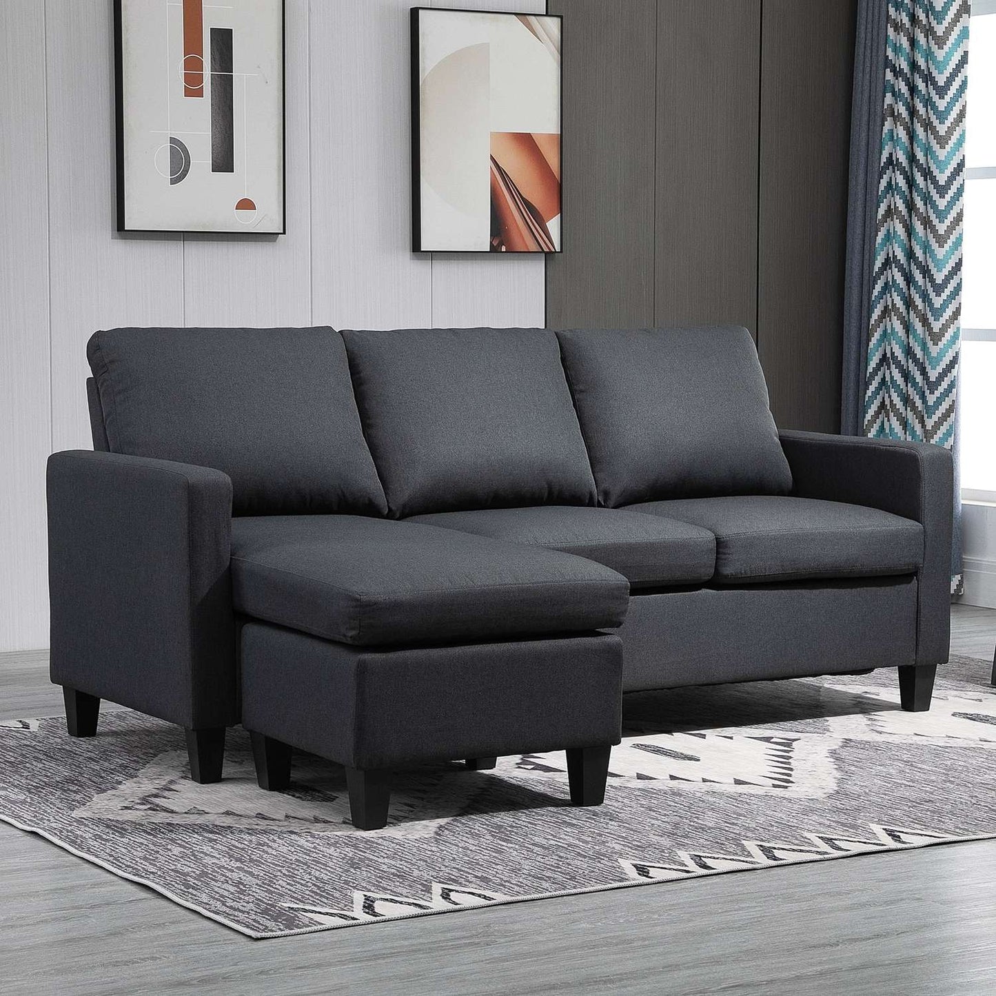 Dark gray L-Shape corner sofa in linen with chaise longue, 197cm
