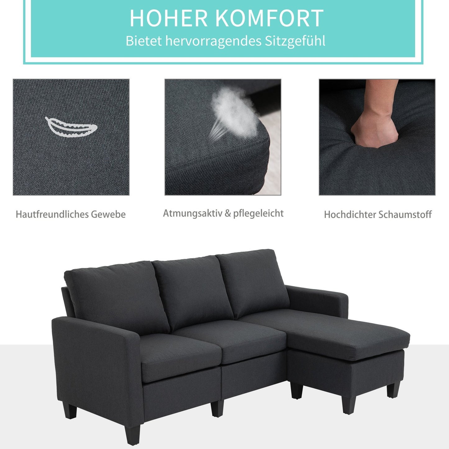 Dark gray L-Shape corner sofa in linen with chaise longue, 197cm