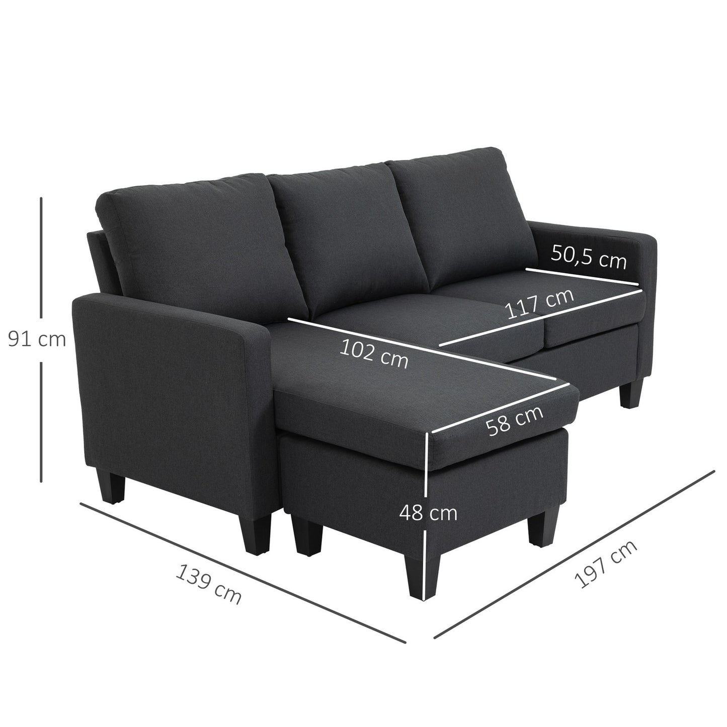 Dark gray L-Shape corner sofa in linen with chaise longue, 197cm