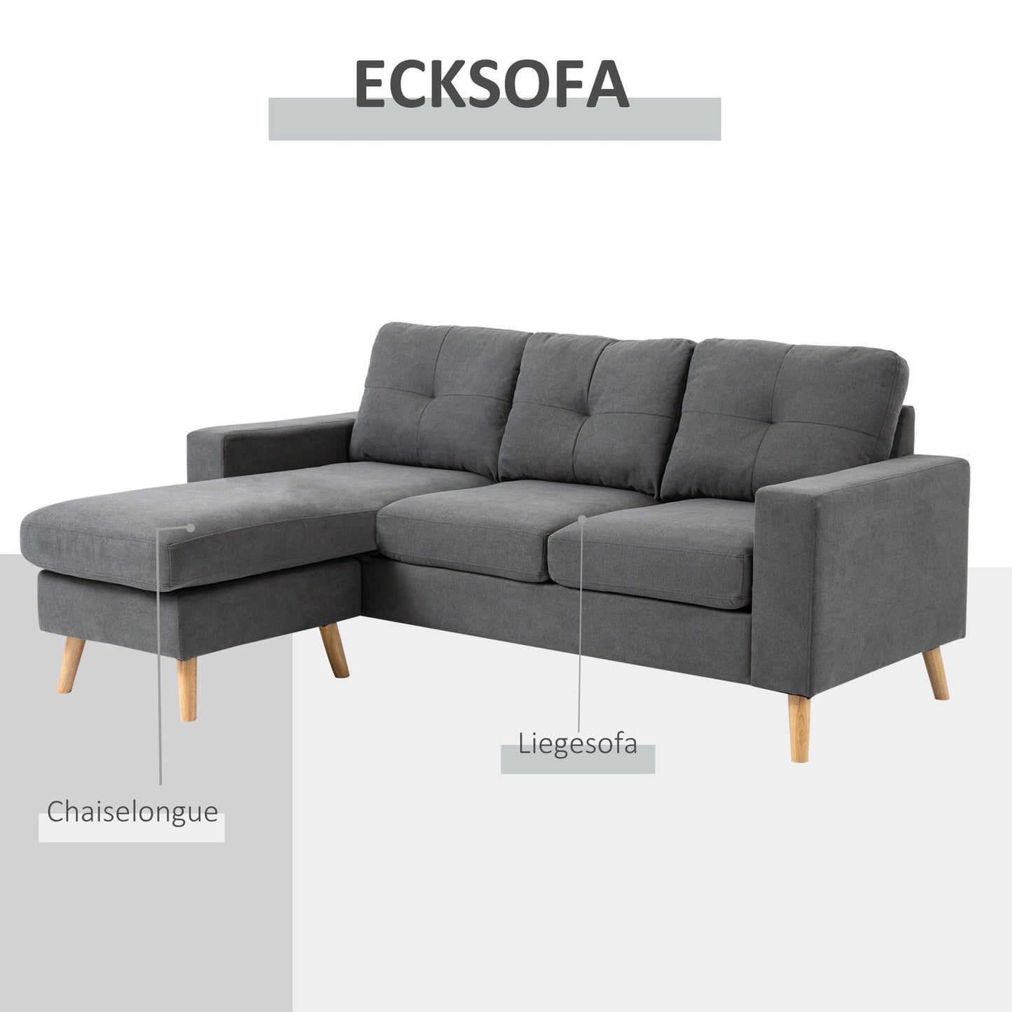 L-Shape gray corner sofa, linen look, seats 3, 93X136X85 Cm