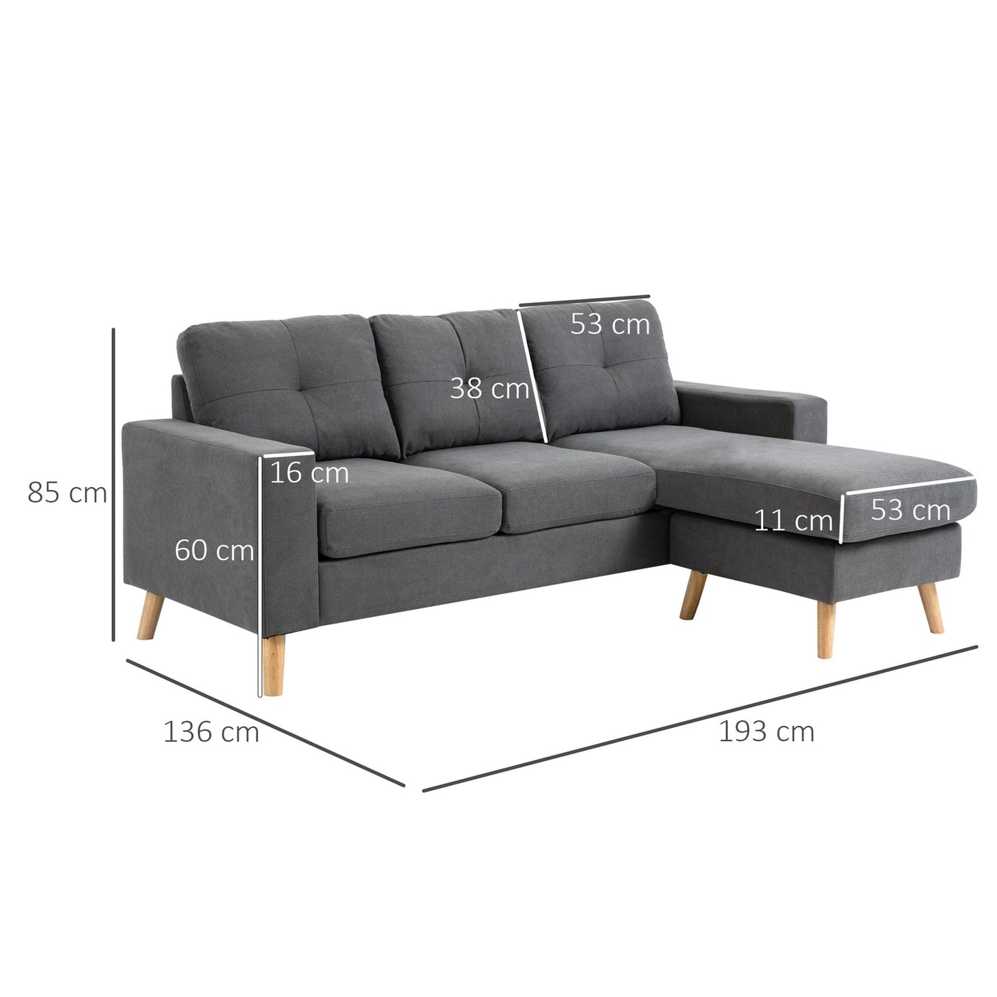 L-Shape gray corner sofa, linen look, seats 3, 93X136X85 Cm
