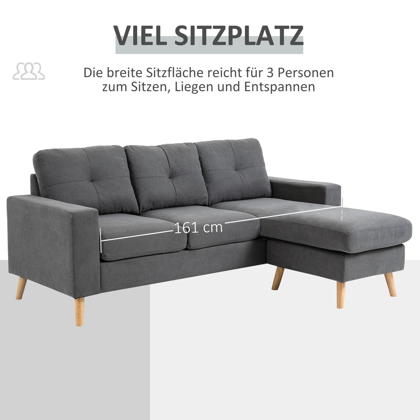 L-Shape gray corner sofa, linen look, seats 3, 93X136X85 Cm