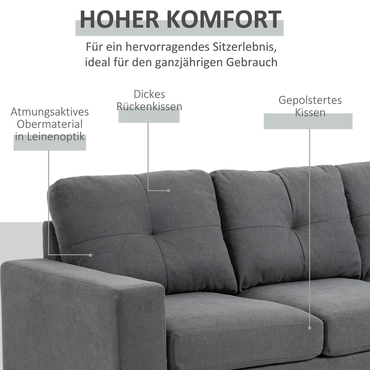 L-Shape gray corner sofa, linen look, seats 3, 93X136X85 Cm