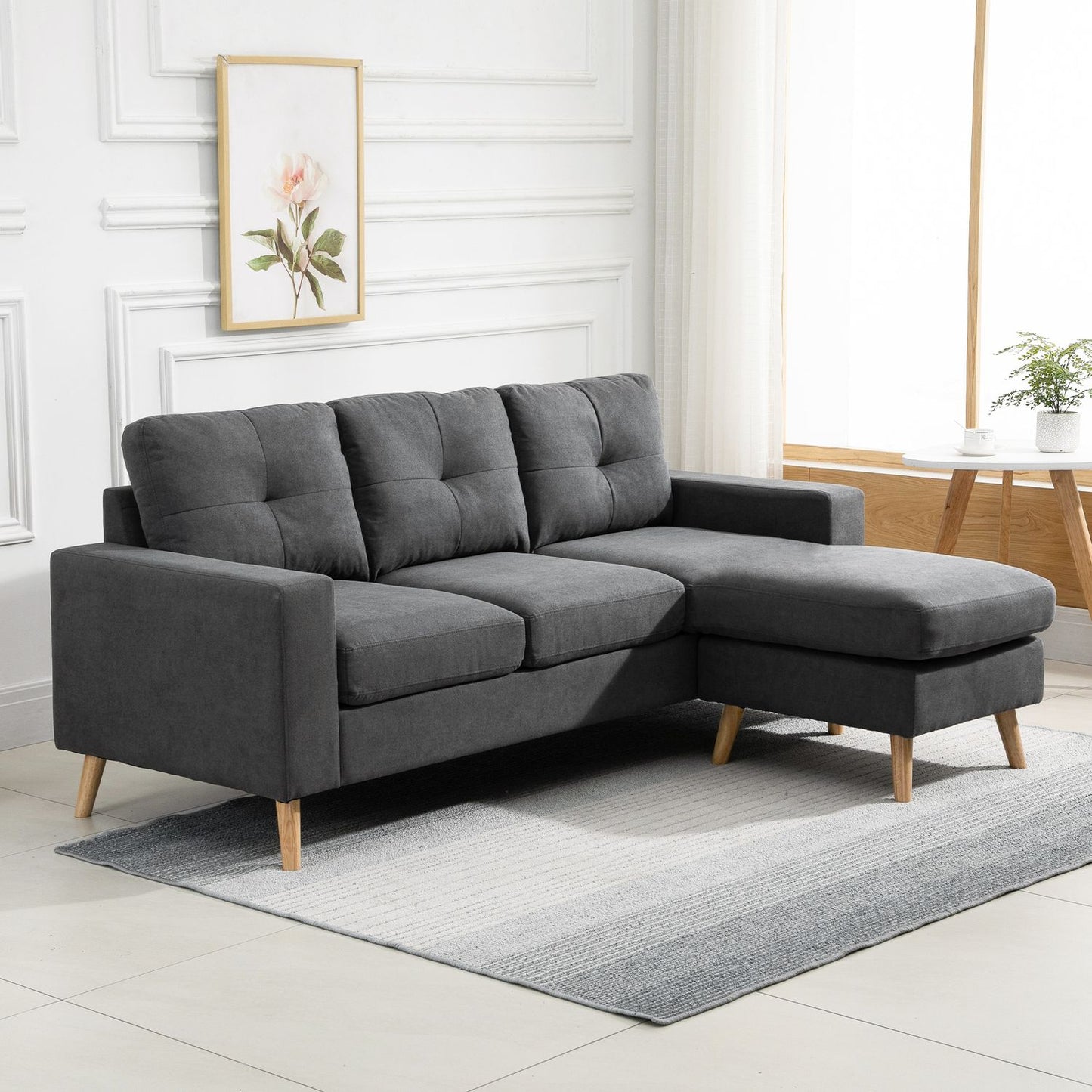 L-Shape gray corner sofa, linen look, seats 3, 93X136X85 Cm
