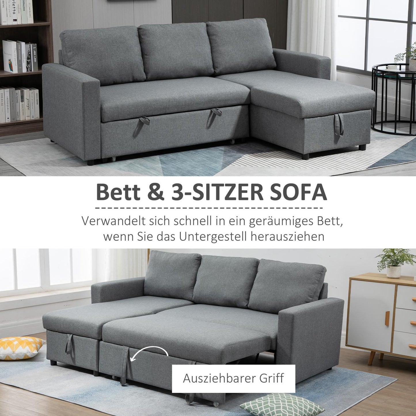 Corner sofa bed, Storage, L-Shape, Linen Touch, Light grey