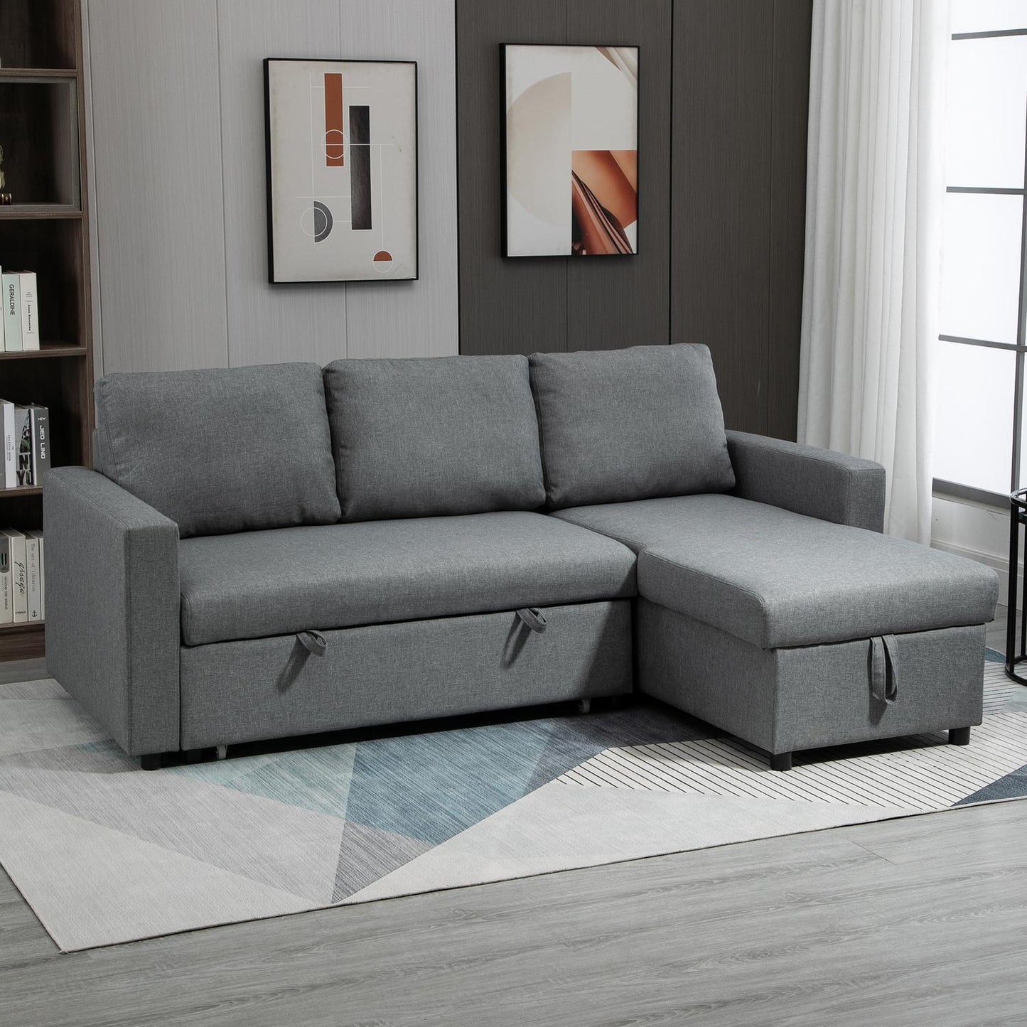 Corner sofa bed, Storage, L-Shape, Linen Touch, Light grey